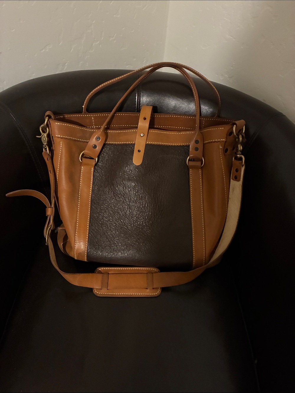 Two-Tone Brown Leather Shoulder Bag custom made by diamond d leather